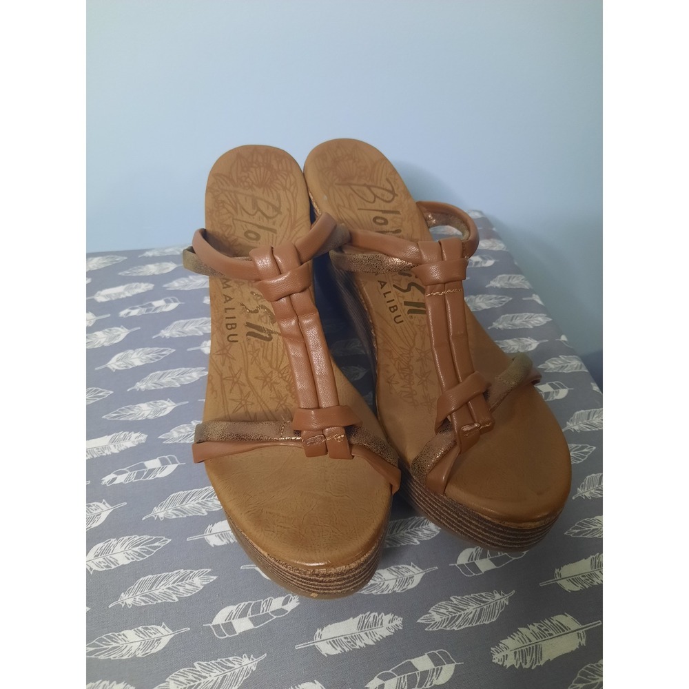Blowfish Malibu Womens Tan Strap Wedge Sandals Knotted Platform Vegan Leather 10